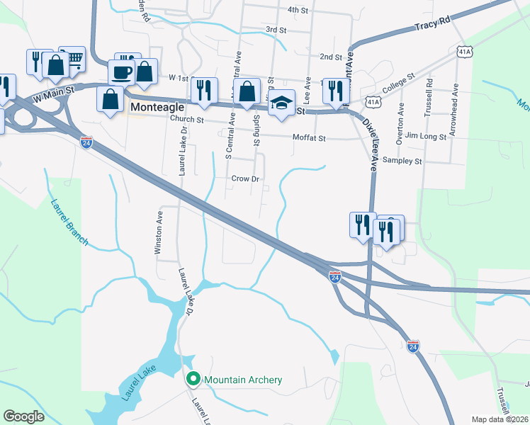 map of restaurants, bars, coffee shops, grocery stores, and more near 420 Spring St in Monteagle