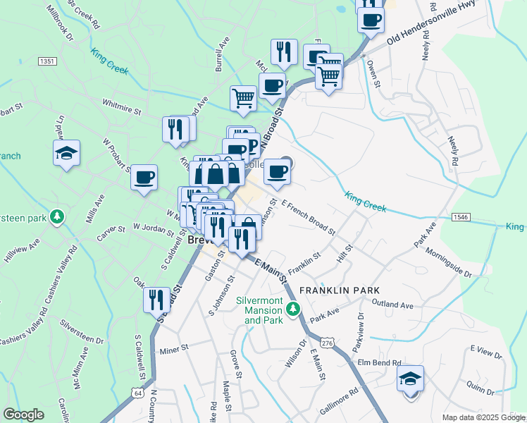 map of restaurants, bars, coffee shops, grocery stores, and more near 161 North Johnson Street in Brevard