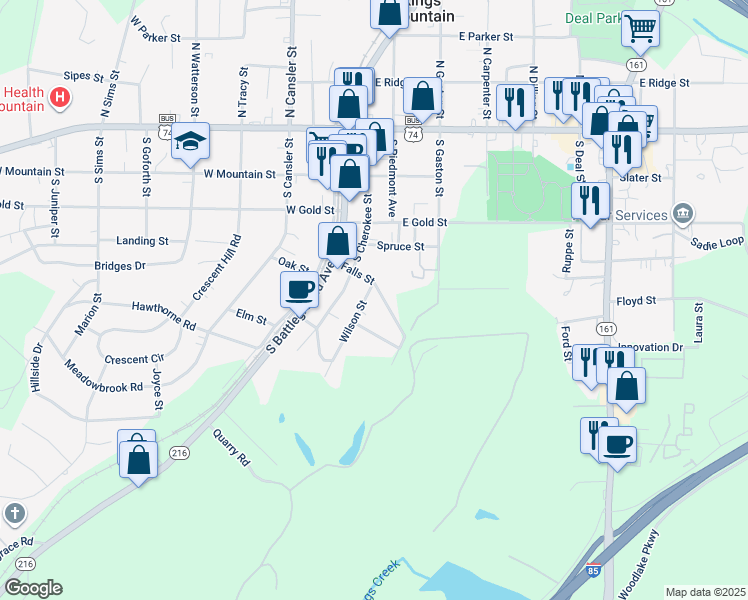 map of restaurants, bars, coffee shops, grocery stores, and more near 405 Wilson Street in Kings Mountain