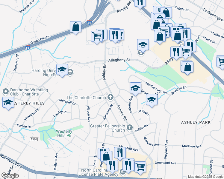 map of restaurants, bars, coffee shops, grocery stores, and more near 2107 Ashley Road in Charlotte