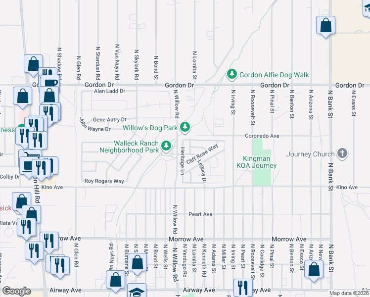 map of restaurants, bars, coffee shops, grocery stores, and more near 3867 Glenhaven Way in Kingman