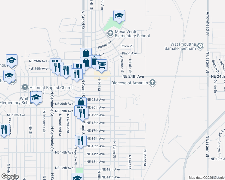 map of restaurants, bars, coffee shops, grocery stores, and more near 3999 Northeast 22nd Avenue in Amarillo