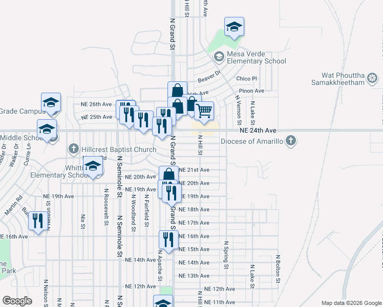 map of restaurants, bars, coffee shops, grocery stores, and more near 3609 Northeast 22nd Avenue in Amarillo