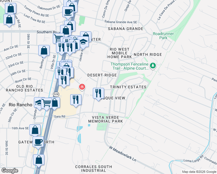 map of restaurants, bars, coffee shops, grocery stores, and more near 1338 Mountain Vista Drive Southeast in Rio Rancho