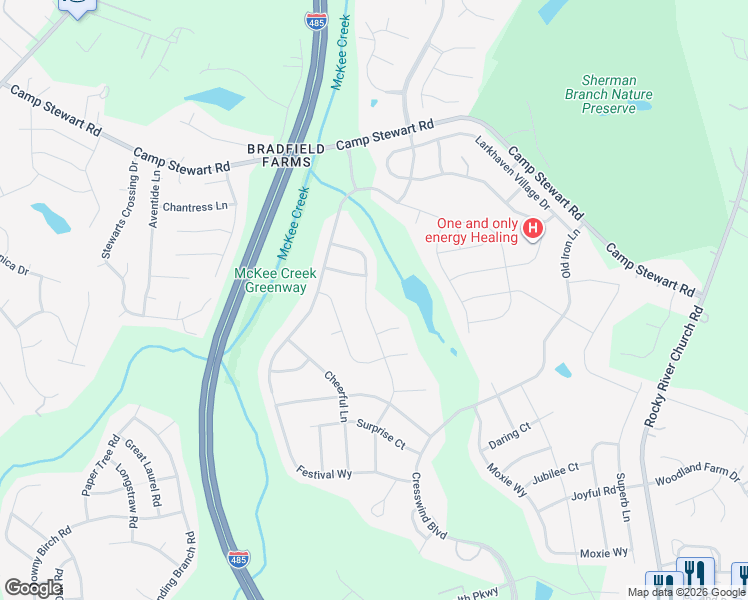 map of restaurants, bars, coffee shops, grocery stores, and more near 6631 Good News Drive in Charlotte