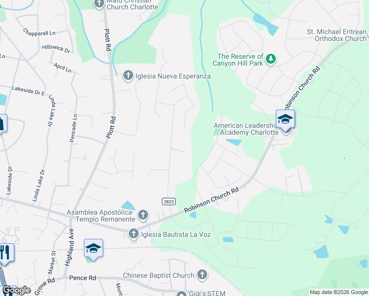 map of restaurants, bars, coffee shops, grocery stores, and more near 6810 Alanbrook Road in Charlotte
