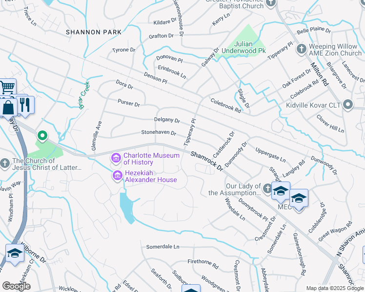 map of restaurants, bars, coffee shops, grocery stores, and more near 3714 Tipperary Place in Charlotte