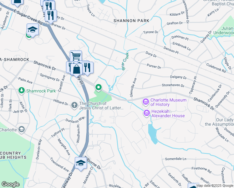 map of restaurants, bars, coffee shops, grocery stores, and more near 3227 Shamrock Drive in Charlotte