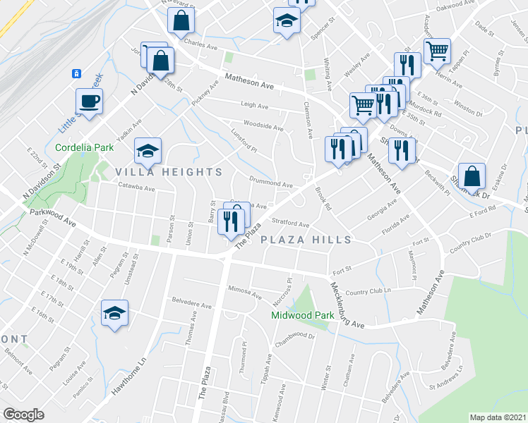 map of restaurants, bars, coffee shops, grocery stores, and more near in Charlotte