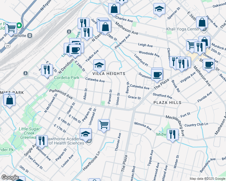 map of restaurants, bars, coffee shops, grocery stores, and more near 1912 Parson Street in Charlotte
