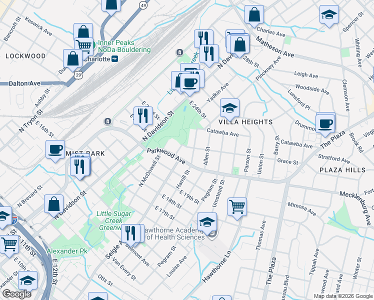 map of restaurants, bars, coffee shops, grocery stores, and more near 1812 Seigle Avenue in Charlotte