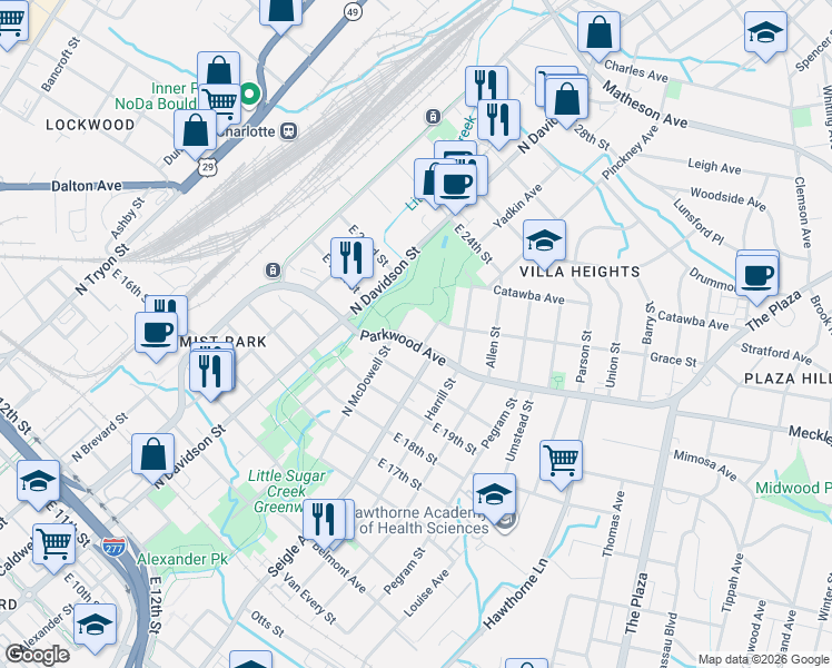 map of restaurants, bars, coffee shops, grocery stores, and more near 801 Parkwood Avenue in Charlotte