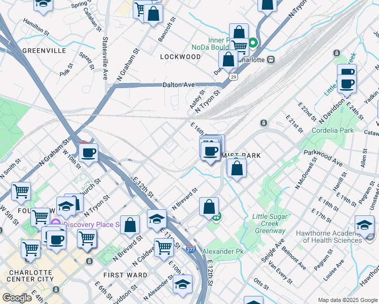map of restaurants, bars, coffee shops, grocery stores, and more near 1216 North Tryon Street in Charlotte