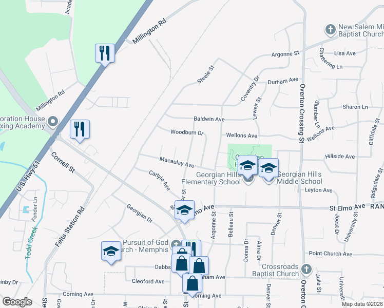map of restaurants, bars, coffee shops, grocery stores, and more near 4009 Balfour Street in Memphis