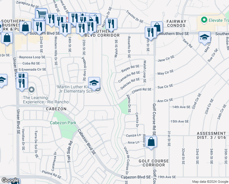 map of restaurants, bars, coffee shops, grocery stores, and more near 1327 Walsh Street Southeast in Rio Rancho