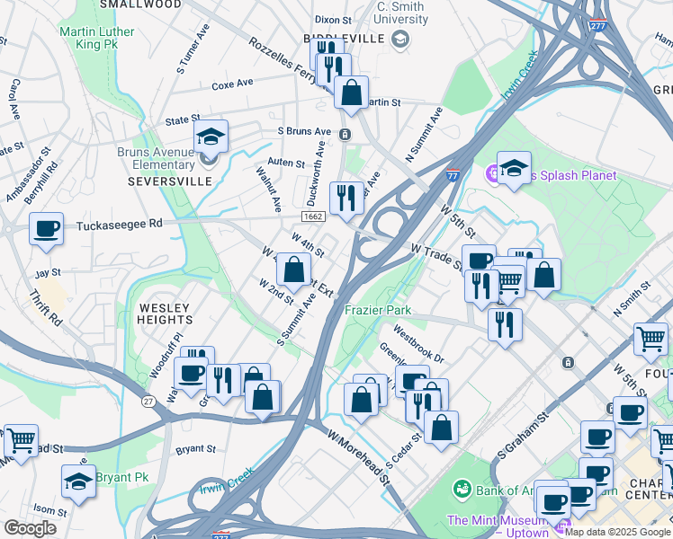 map of restaurants, bars, coffee shops, grocery stores, and more near 201 South Summit Avenue in Charlotte