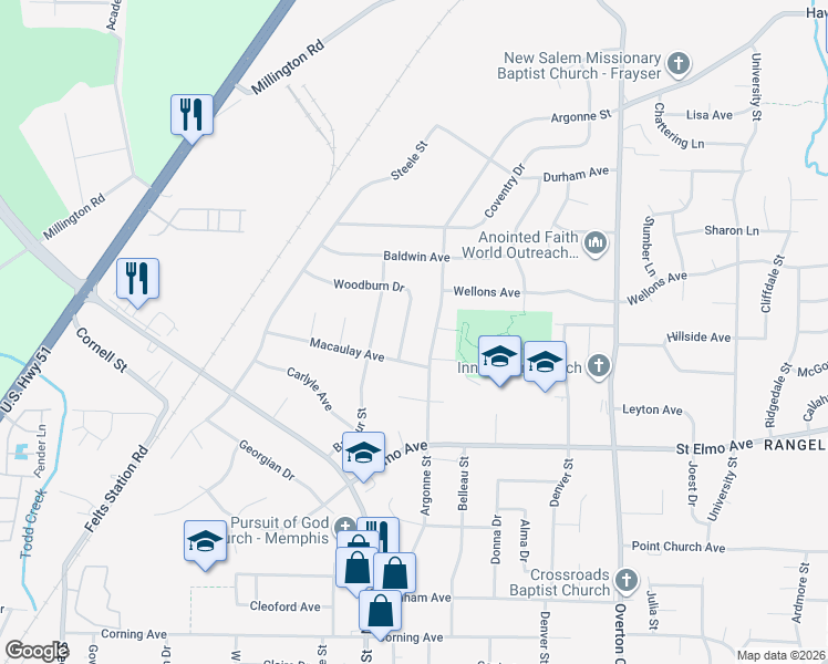 map of restaurants, bars, coffee shops, grocery stores, and more near 4010 Woodburn Drive in Memphis