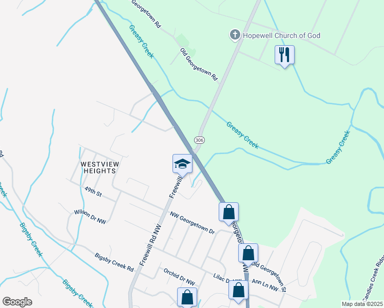 map of restaurants, bars, coffee shops, grocery stores, and more near Georgetown Rd NW & Freewill Rd in Cleveland