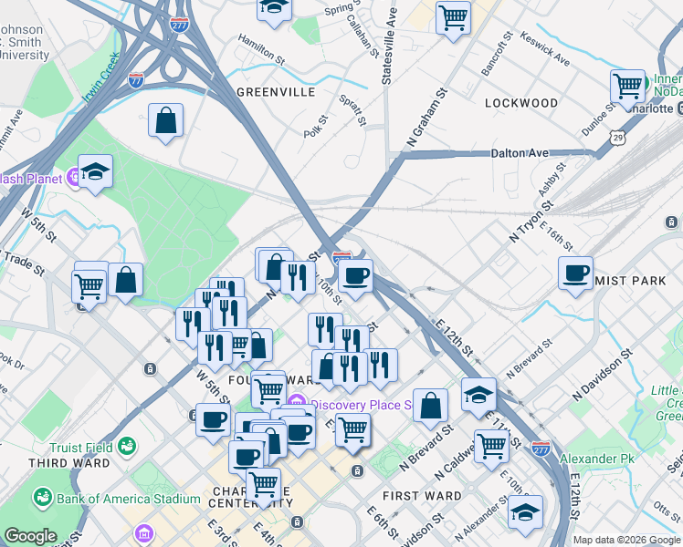 map of restaurants, bars, coffee shops, grocery stores, and more near 727 North Pine Street in Charlotte