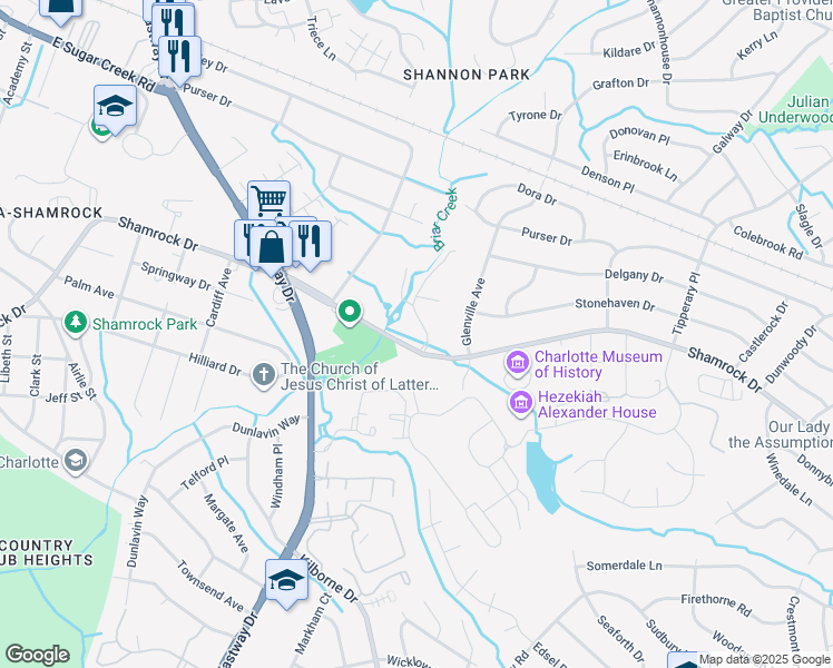 map of restaurants, bars, coffee shops, grocery stores, and more near 3217 Shamrock Drive in Charlotte