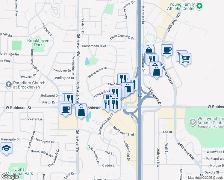 map of restaurants, bars, coffee shops, grocery stores, and more near 3219 Willow Rock Road in Norman