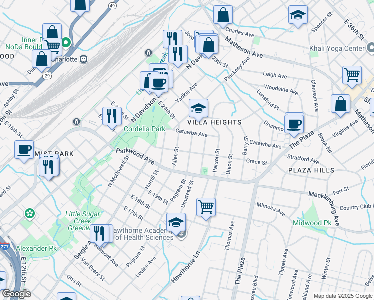 map of restaurants, bars, coffee shops, grocery stores, and more near 1901 Pegram Street in Charlotte