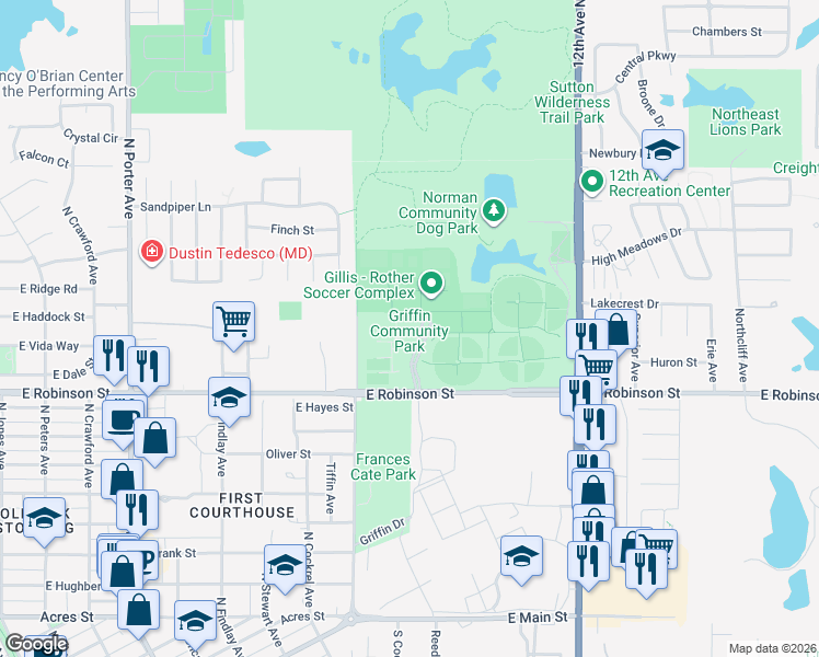 map of restaurants, bars, coffee shops, grocery stores, and more near 1001 East Robinson Street in Norman