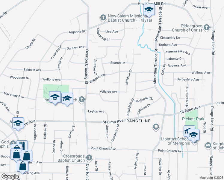 map of restaurants, bars, coffee shops, grocery stores, and more near 2228 Hillside Avenue in Memphis