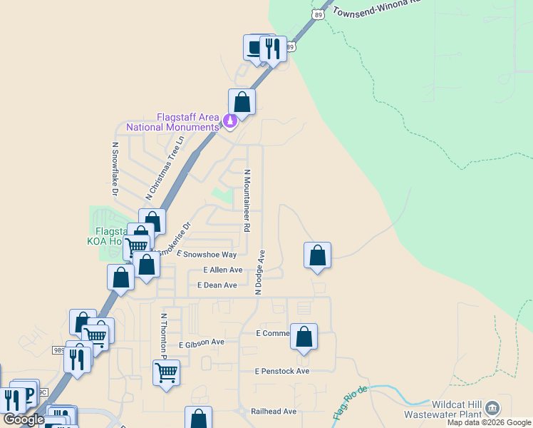 map of restaurants, bars, coffee shops, grocery stores, and more near 6080 North Dodge Avenue in Flagstaff