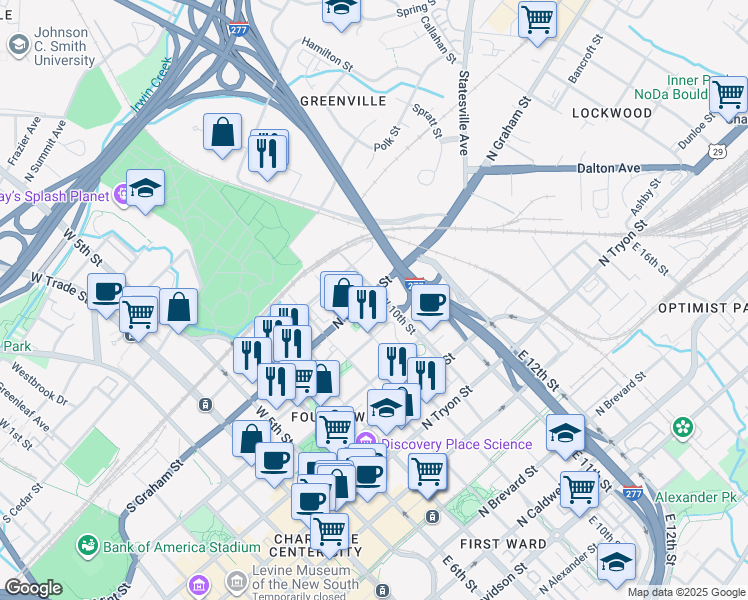 map of restaurants, bars, coffee shops, grocery stores, and more near in Charlotte