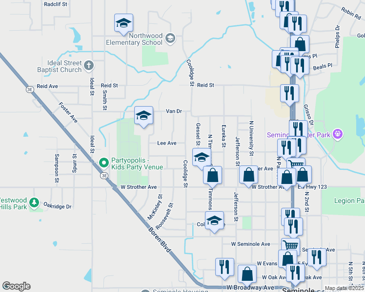 map of restaurants, bars, coffee shops, grocery stores, and more near 805 Lee Avenue in Seminole