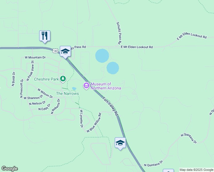 map of restaurants, bars, coffee shops, grocery stores, and more near 3100 North Fort Valley Road in Flagstaff
