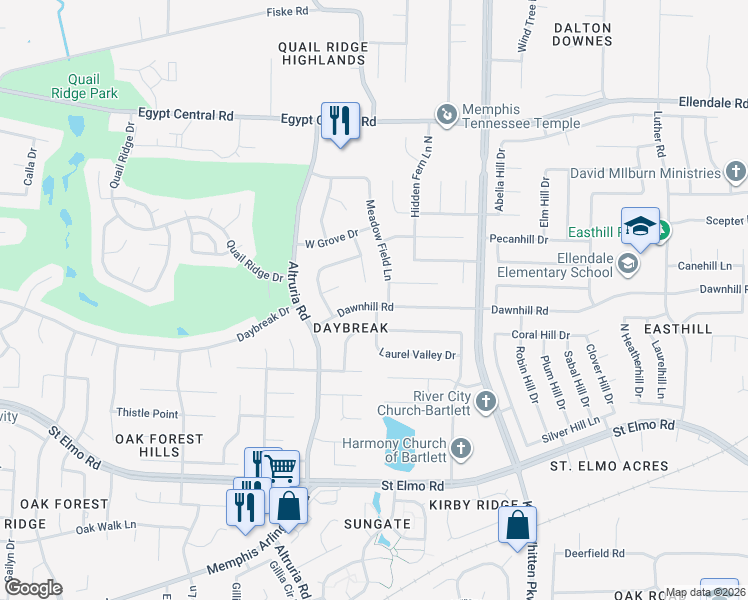 map of restaurants, bars, coffee shops, grocery stores, and more near 6628 Dawnhill Road in Bartlett
