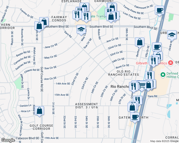 map of restaurants, bars, coffee shops, grocery stores, and more near 1425 33rd Circle Southeast in Rio Rancho