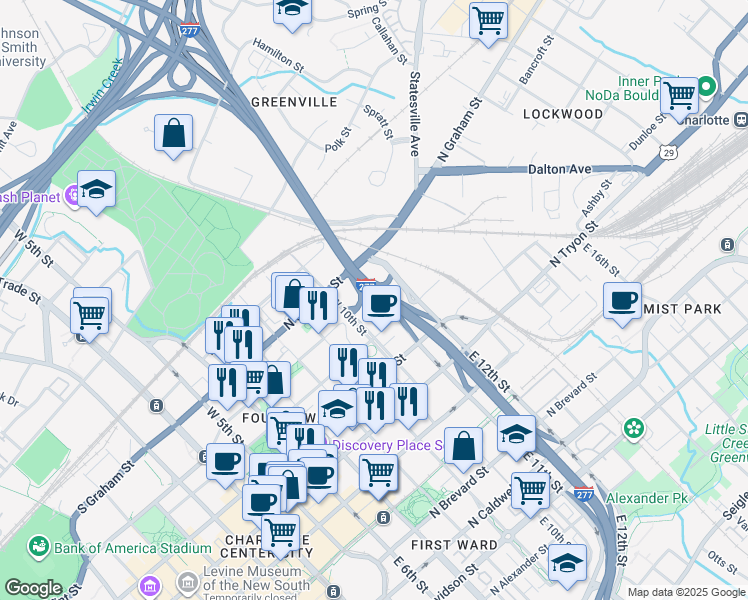 map of restaurants, bars, coffee shops, grocery stores, and more near 911 North Pine Street in Charlotte