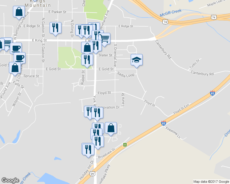 map of restaurants, bars, coffee shops, grocery stores, and more near 498 Oriental Avenue in Kings Mountain