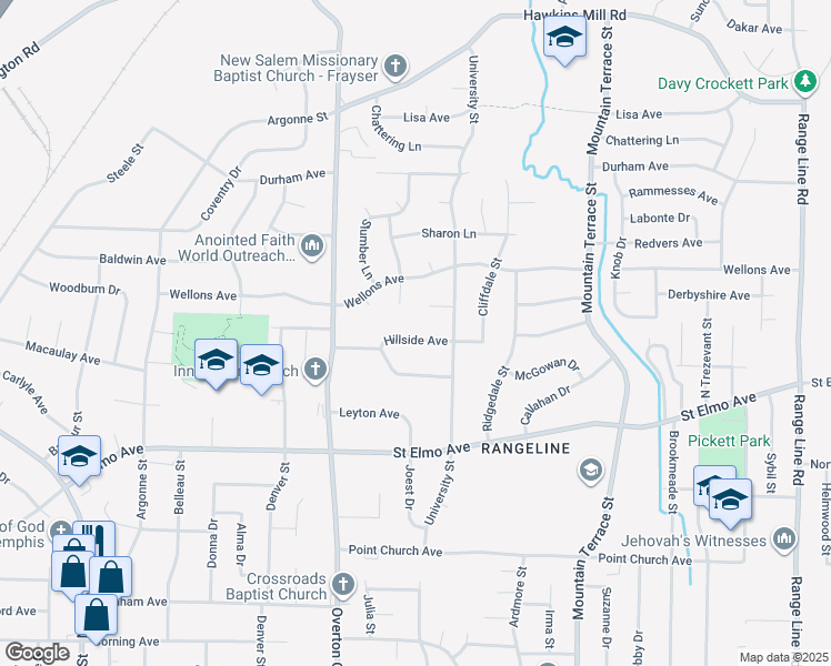 map of restaurants, bars, coffee shops, grocery stores, and more near 2190 Hillside Avenue in Memphis