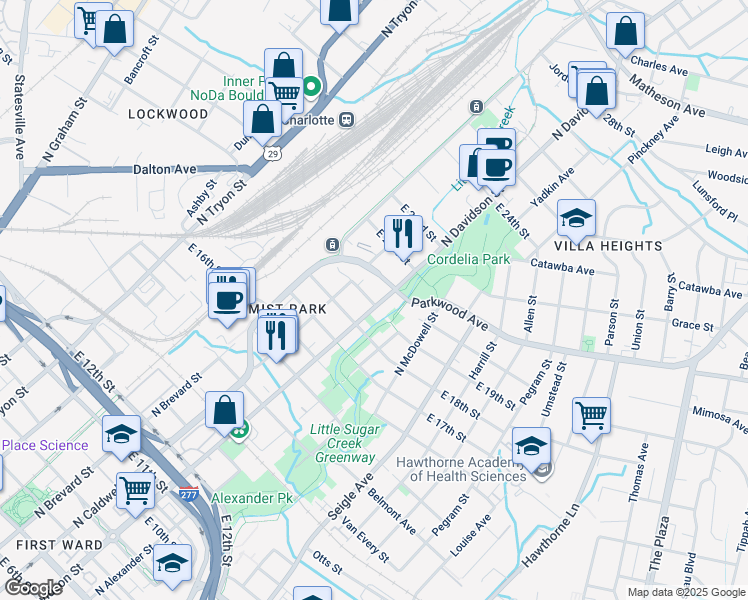 map of restaurants, bars, coffee shops, grocery stores, and more near 1601 N Davidson St in Charlotte