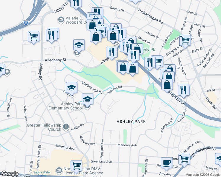 map of restaurants, bars, coffee shops, grocery stores, and more near 2838 Royston Road in Charlotte