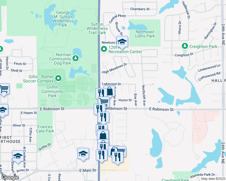 map of restaurants, bars, coffee shops, grocery stores, and more near 1328 Superior Avenue in Norman