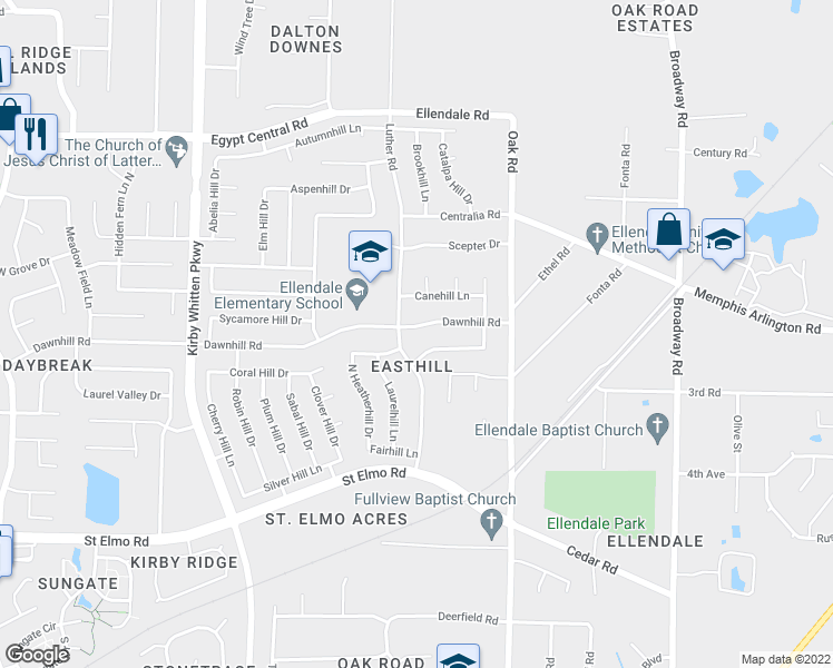 map of restaurants, bars, coffee shops, grocery stores, and more near 7015 Dawnhill Road in Bartlett