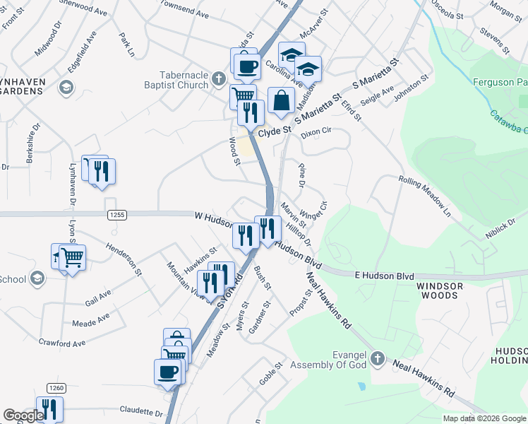 map of restaurants, bars, coffee shops, grocery stores, and more near 2205 South York Road in Gastonia