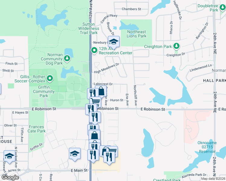 map of restaurants, bars, coffee shops, grocery stores, and more near 1314 Keystone Lane in Norman
