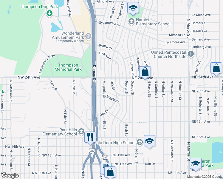 map of restaurants, bars, coffee shops, grocery stores, and more near 2021 Oak Drive in Amarillo