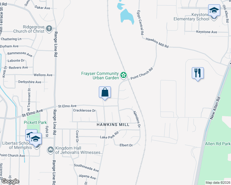 map of restaurants, bars, coffee shops, grocery stores, and more near 4007 Point Church Road in Memphis