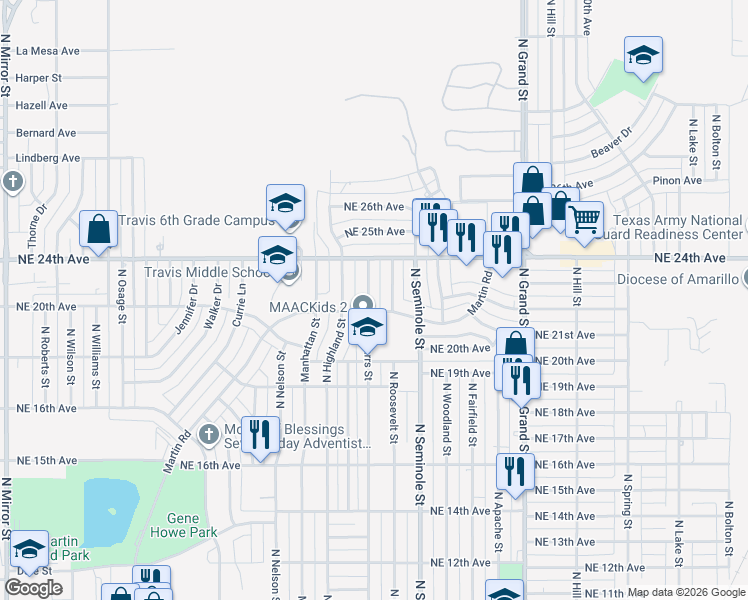 map of restaurants, bars, coffee shops, grocery stores, and more near 2102 North Marrs Street in Amarillo