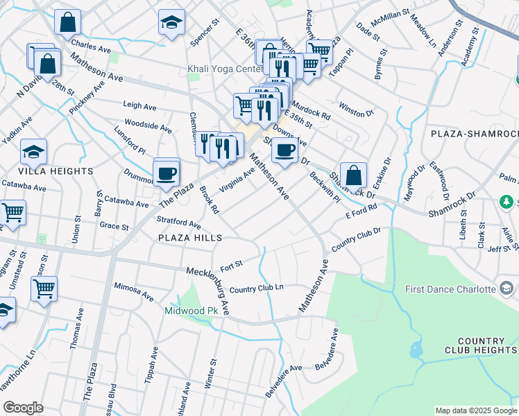 map of restaurants, bars, coffee shops, grocery stores, and more near 2845 Georgia Avenue in Charlotte