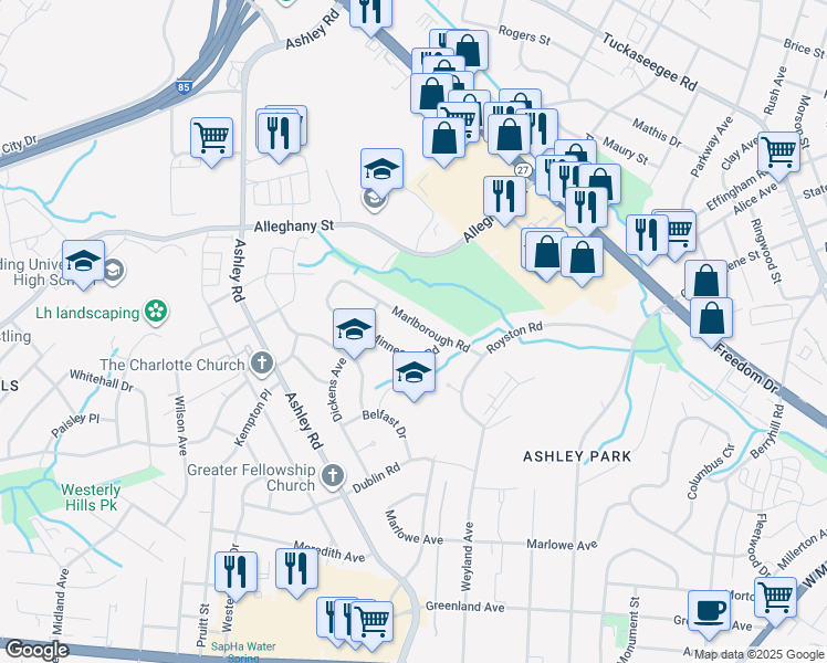 map of restaurants, bars, coffee shops, grocery stores, and more near 3027 Marlborough Road in Charlotte