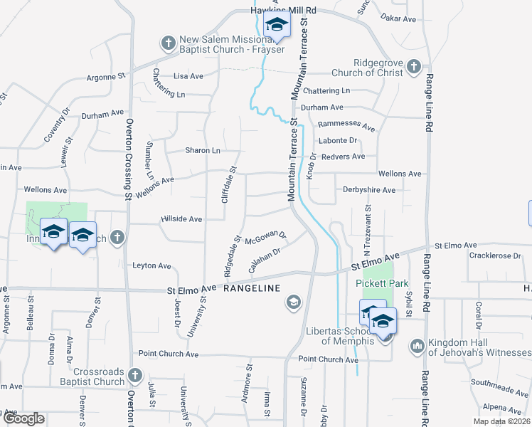map of restaurants, bars, coffee shops, grocery stores, and more near 2340 Hillside Avenue in Memphis