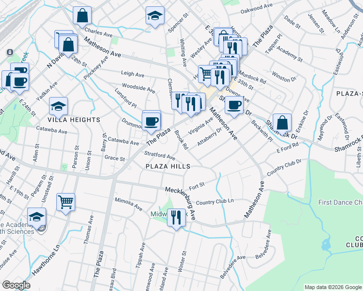 map of restaurants, bars, coffee shops, grocery stores, and more near 1400 Brook Road in Charlotte